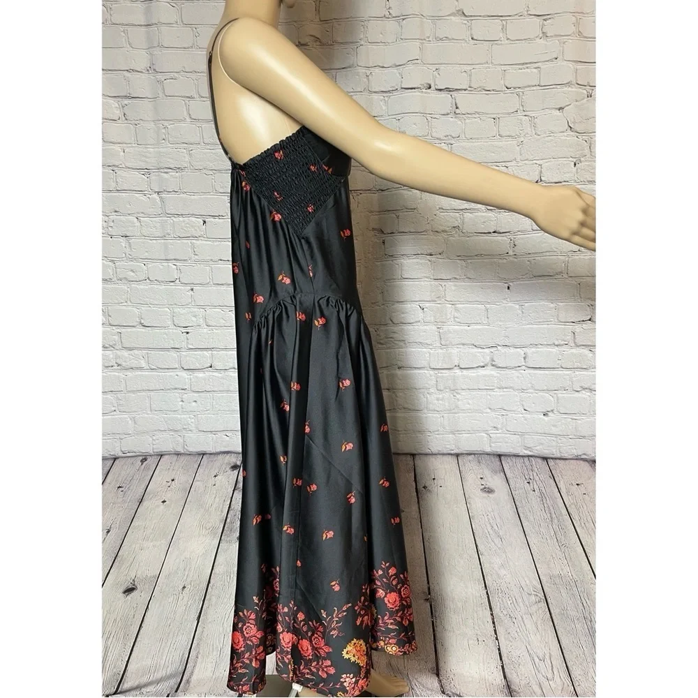 New Free People On My Own Floral Satin Black Dress Size S
